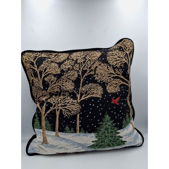 Vintage Christmas Tapestry Throw Pillow With Forest Scene & Cardinal Design - Picture 1 of 7